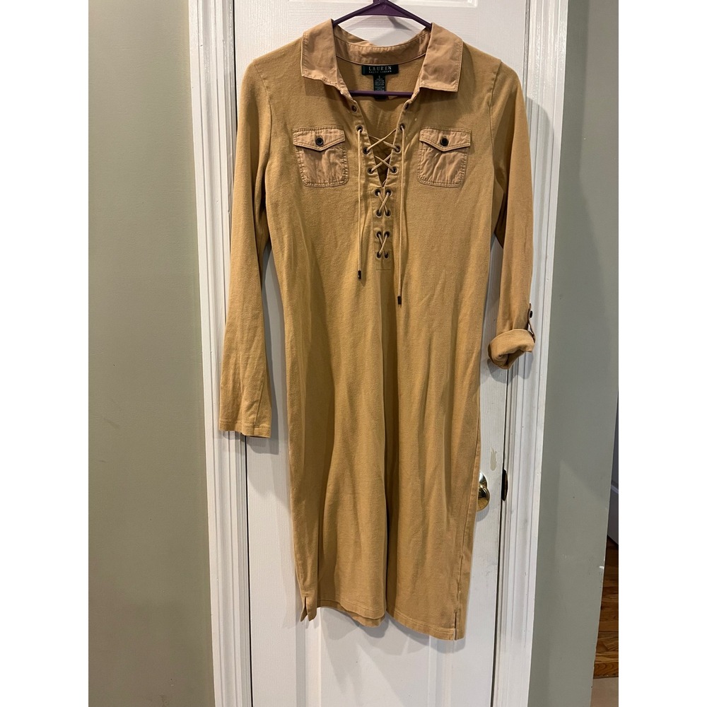 Lauren Ralph Lauren Tan Lace Up Safari Knit Dress Small Long Sleeve Roll Tab